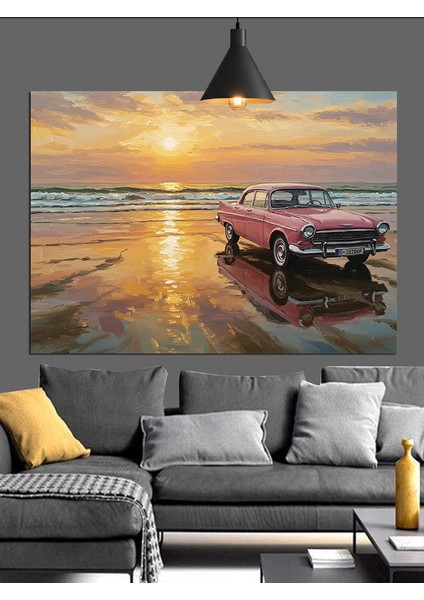 Pembe Klasik Araba Plaj Dekoratif Kanvas - Mdf Ahşap Tablo indirimleri