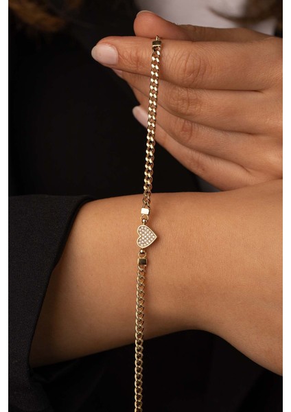 14 Ayar Altın Klasik Gurmet Zincir Taşlı Kalp Bileklik