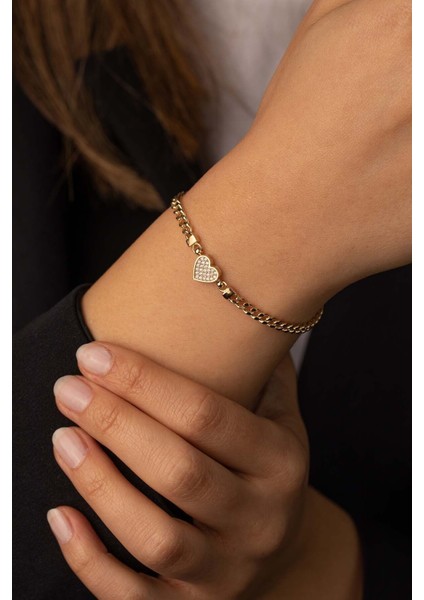 14 Ayar Altın Klasik Gurmet Zincir Taşlı Kalp Bileklik modelleri