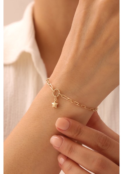 14 Ayar Altın Ataş Zincir Sallantılı Yıldız Bileklik