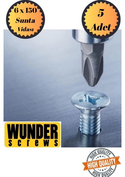 Wunder 6X150 Sunta Vidası Sivri Uçlu Ahşap Tahta Ağaç Mobilya Ayak Kulp Vidası 5 Adet