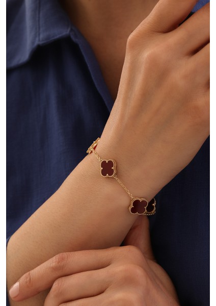 14 Ayar Altın Beşli Bordo Yonca Bileklik