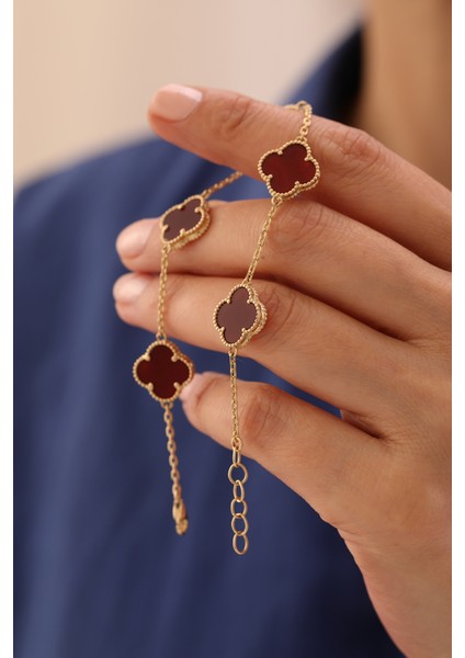 14 Ayar Altın Beşli Bordo Yonca Bileklik modelleri