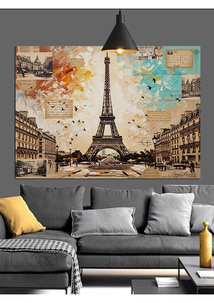 Yağlı Boya ve Mektup Konseptinde Paris Eyfel Kulesi Dekoratif Kanvas - Mdf Ahşap Tablo