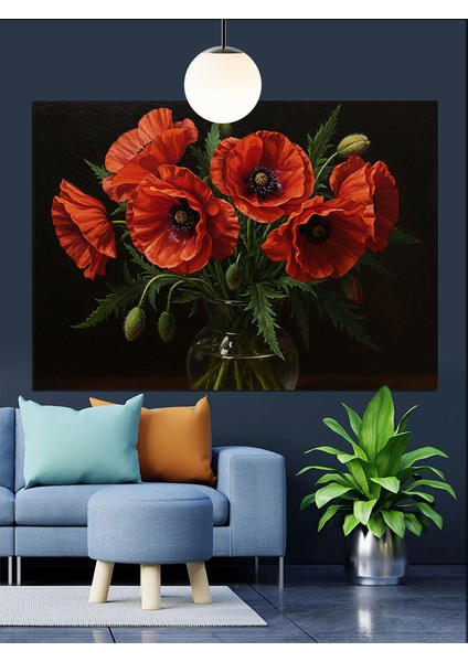 Kırmızı Gelincik Çiçeği Illüstrasyonu Dekoratif Kanvas - Mdf Ahşap Tablo