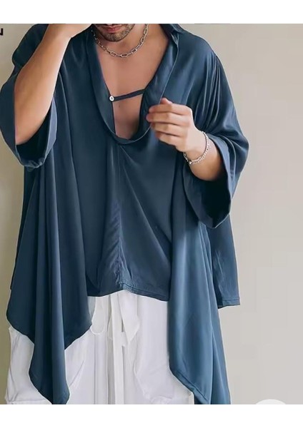 Incerunmen Erkek Rahat Kesim Mavi Gömlek , V Yaka Salıncak Boyun Erkek Streetwear