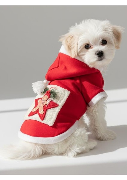 Yıldız Desenli Yılbaşı Köpek Kıyafeti Premium Kırmızı Polar | Kapüşonlu Noel Köpek Kostümü | Küçük Irklar Için