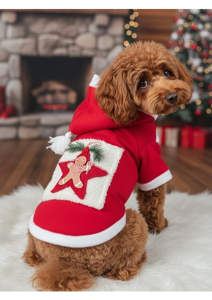 Yıldız Desenli Yılbaşı Köpek Kıyafeti Premium Kırmızı Polar | Kapüşonlu Noel Köpek Kostümü | Küçük Irklar Için fiyatları