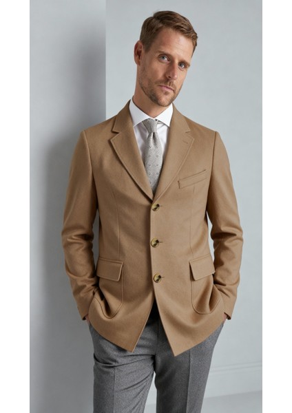 Erkek Camel Regularfıt / Rahat Kalıp Ceket Yaka Kaban