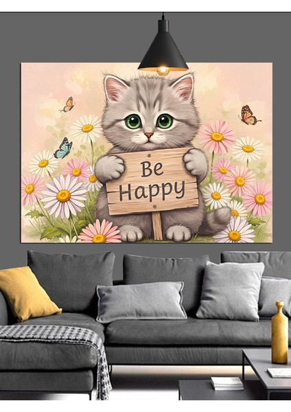 Mutlu Kedi Be Happy Dekoratif Kanvas - Mdf Ahşap Tablo fiyatları