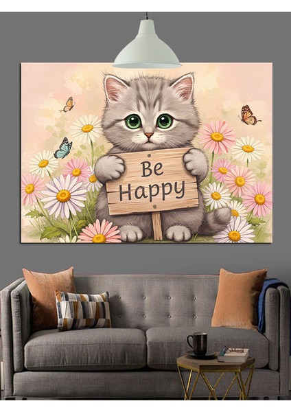 Mutlu Kedi Be Happy Dekoratif Kanvas - Mdf Ahşap Tablo modelleri