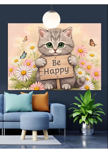 Mutlu Kedi Be Happy Dekoratif Kanvas - Mdf Ahşap Tablo indirimleri