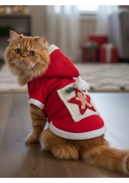 Yıldız Desenli Premium Yılbaşı Kedi Kıyafeti Yıldız Desenli Kırmızı Polar | Kapüşonlu Noel Kedi Kostümü | Kurabiye Temalı