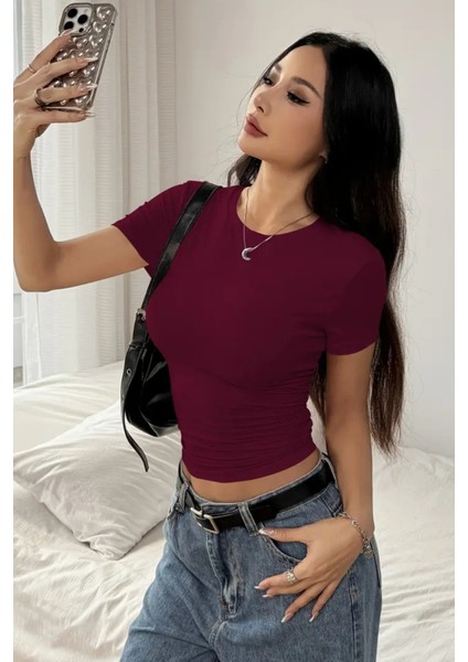 Bordo Bisiklet Yaka Basic Kadın Tişört fiyatları