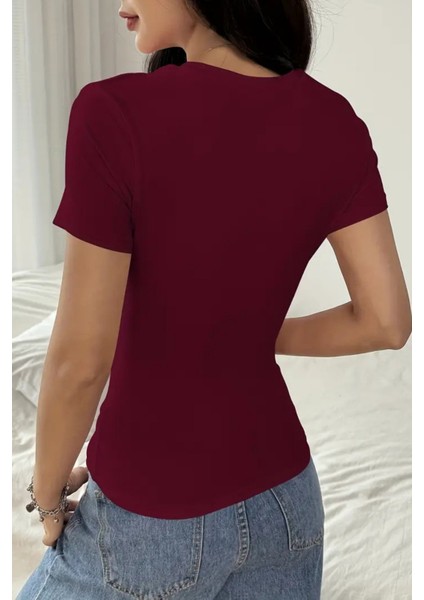 Bordo Bisiklet Yaka Basic Kadın Tişört