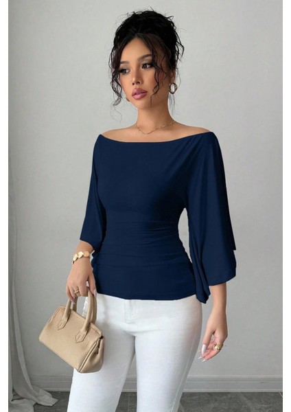 Kadın Beyaz Kayık Yaka Flare Kol Drapeli Fit Bluz