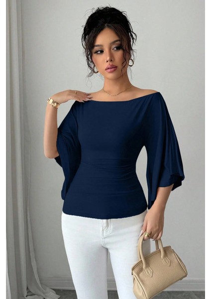 Kadın Beyaz Kayık Yaka Flare Kol Drapeli Fit Bluz fiyatları