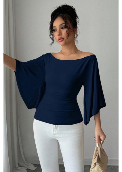 Kadın Beyaz Kayık Yaka Flare Kol Drapeli Fit Bluz modelleri