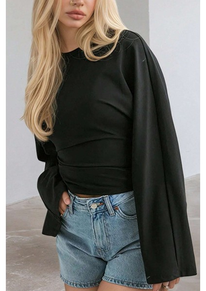 Siyah - Lacivert - Bordo 3lü Paket Kadın Uzun Kollu Belden Oturtmalı Bluz