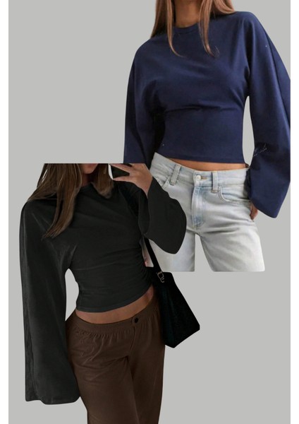 Siyah - Lacivert 2li Paket Kadın Uzun Kollu Belden Oturtmalı Bluz