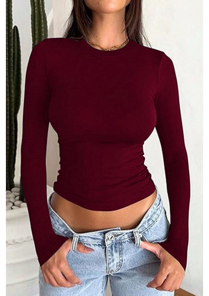 Kadın Bisiklet Yaka Basic Uzun Kollu Likralı Body