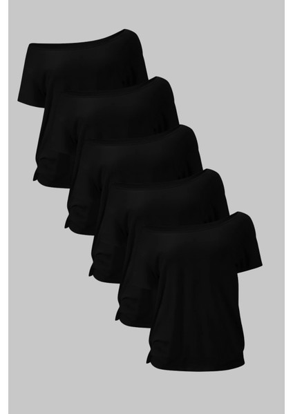 Siyah 5li Paket Kadın Düşük Omuz Kayık Yaka Oversize T-Shirt