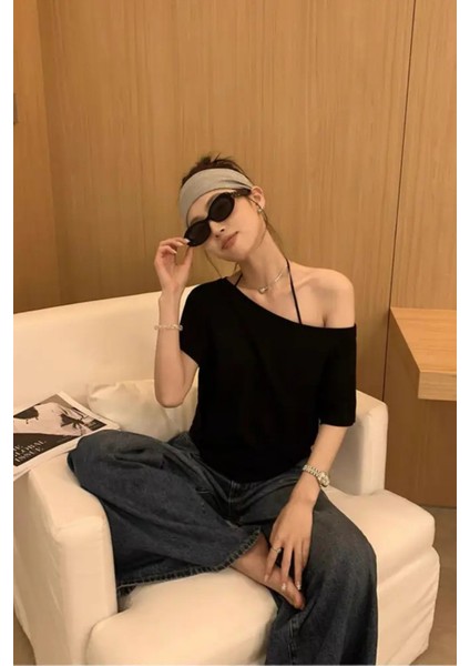 Siyah 5li Paket Kadın Düşük Omuz Kayık Yaka Oversize T-Shirt fiyatları