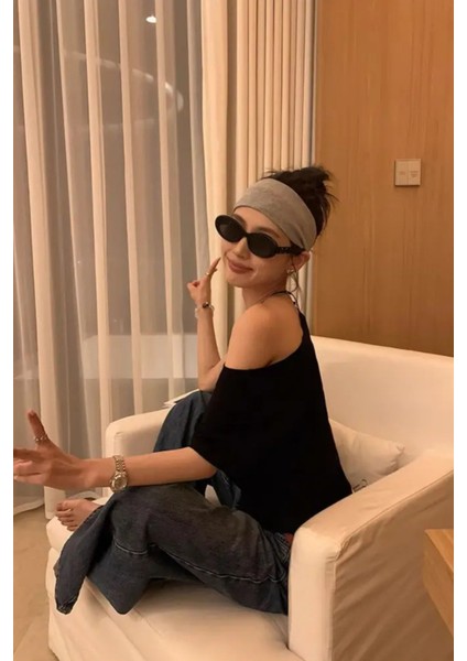 Siyah 5li Paket Kadın Düşük Omuz Kayık Yaka Oversize T-Shirt modelleri