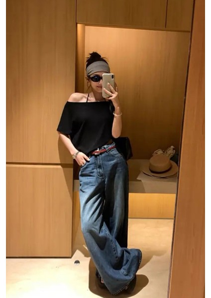 Siyah 5li Paket Kadın Düşük Omuz Kayık Yaka Oversize T-Shirt fırsatları