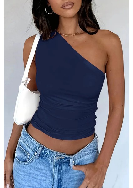 Kadın Lacivert Tek Omuzlu Basic Dar Kesim Slim Fit Bluz