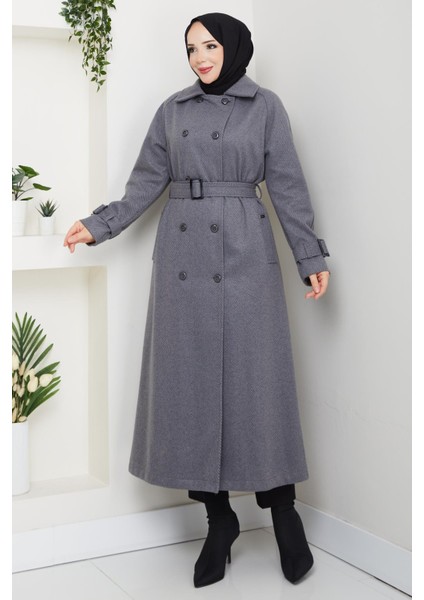 Kışlık Kaşe Kadın Kaban Çift Düğme Genç Spor Model Araboy Gri 57026
