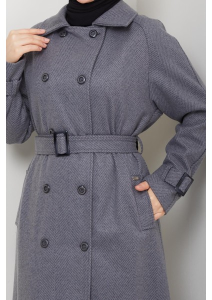 Kışlık Kaşe Kadın Kaban Çift Düğme Genç Spor Model Araboy Gri 57026