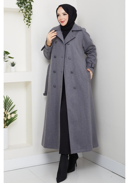 Kışlık Kaşe Kadın Kaban Çift Düğme Genç Spor Model Araboy Gri 57026