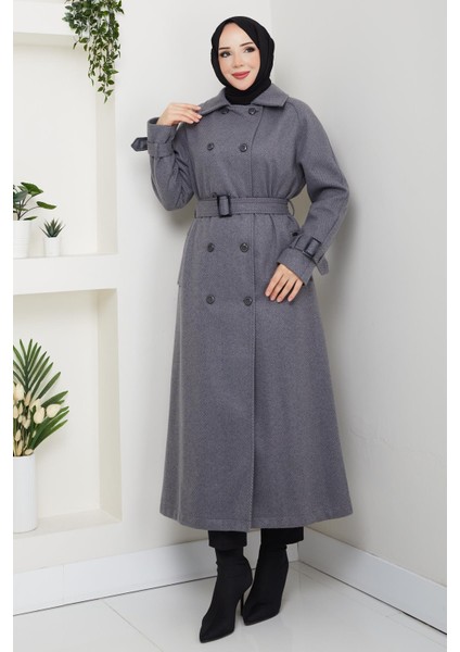 Kışlık Kaşe Kadın Kaban Çift Düğme Genç Spor Model Araboy Gri 57026