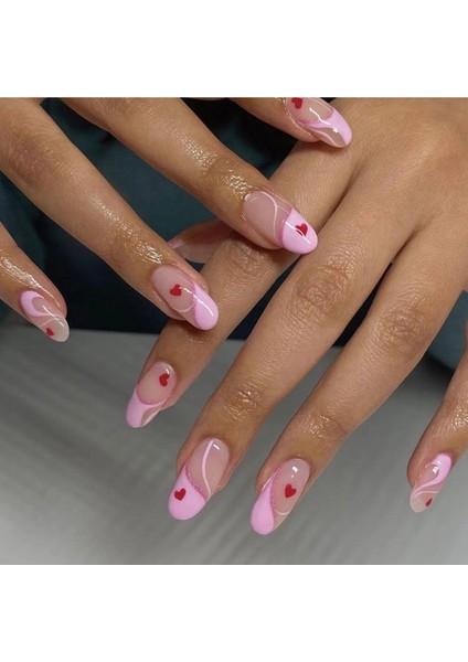 Kalpli Simli Pembe French Badem Takma Tırnak Seti (24 Adet)