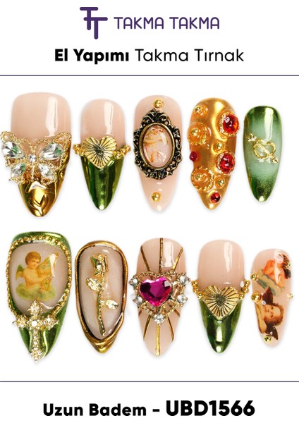 10'lu Renkli Uzun Badem UBD1566 Tekrar Kullanılabilir El Yapımı Protez Takma Tırnak Renkli-Xs
