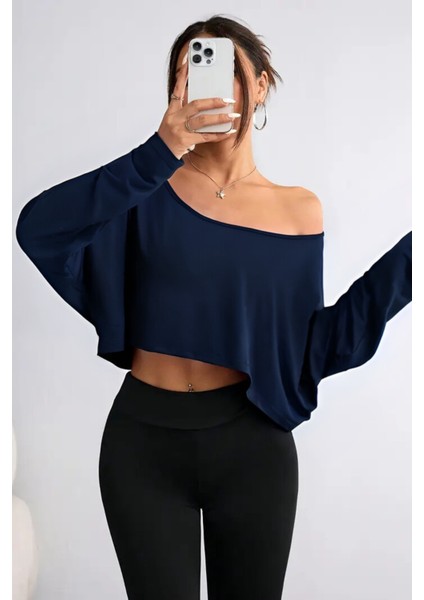 Siyah - Beyaz - Gri 3lü Kadın Düşük Omuz Kayık Yaka Oversize Uzun Kollu Crop T-Shirt modelleri