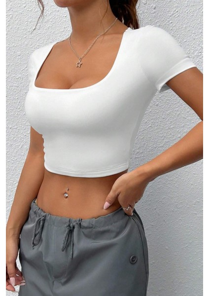 Kadın Kare Yaka Kısa Kollu Yazlık Basic Crop Tişört indirimleri