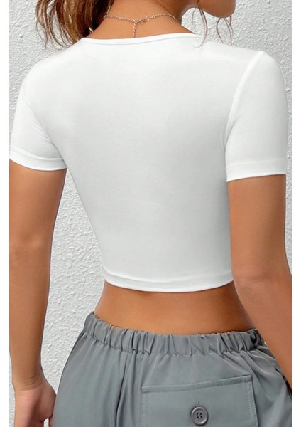 Kadın Kare Yaka Kısa Kollu Yazlık Basic Crop Tişört