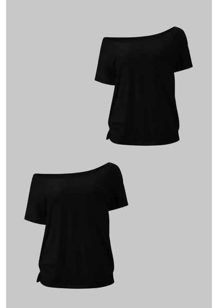Siyah 2li Paket Kadın Düşük Omuz Kayık Yaka Oversize T-Shirt