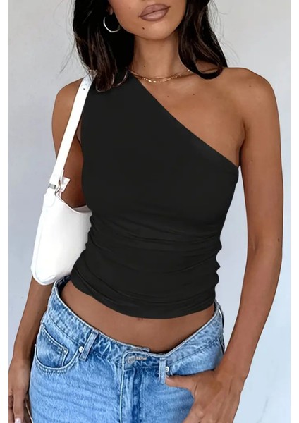 Kadın Siyah Tek Omuzlu Basic Dar Kesim Slim Fit Bluz