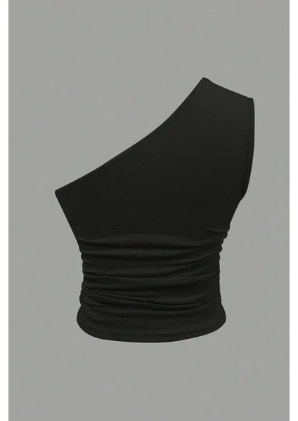 Kadın Siyah Tek Omuzlu Basic Dar Kesim Slim Fit Bluz
