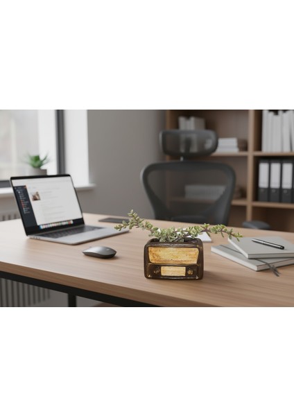 Retro Radyo Sukulent Saksısı ve Kalemlik - Masaüstü Dekoratif Organizer Kahverengi 12*8 modelleri