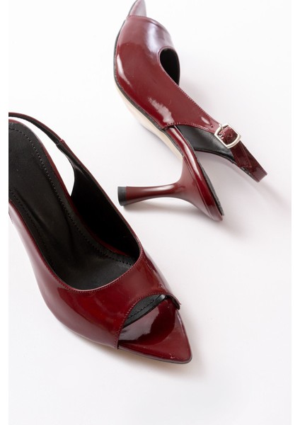 717 Bordo Rugan Sivri Burunlu Topuklu Kadın Sandalet fırsatları