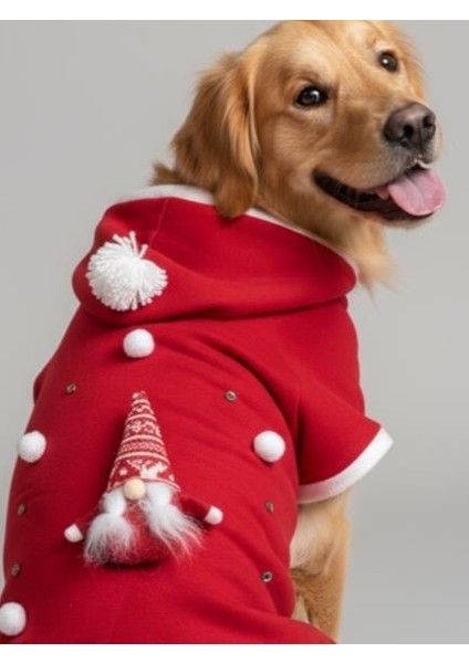 Noel Cücesi Kırmızı Yılbaşı Köpek Kıyafeti | Noel Baba Kapüşonlu Polar Sweatshirt | Orta ve Büyük Irklar Için