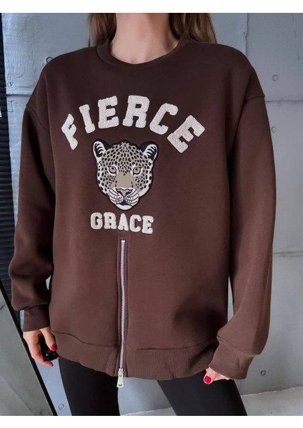Fermuarlı Leopar Baskılı Oversize Siyah Sweat