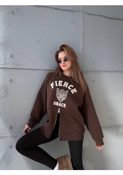 Fermuarlı Leopar Baskılı Oversize Siyah Sweat fiyatları
