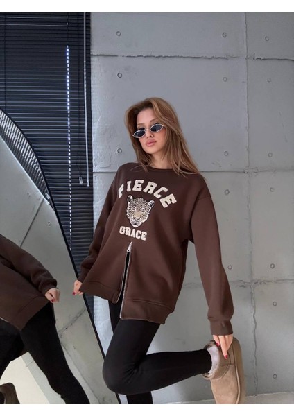 Fermuarlı Leopar Baskılı Oversize Siyah Sweat modelleri