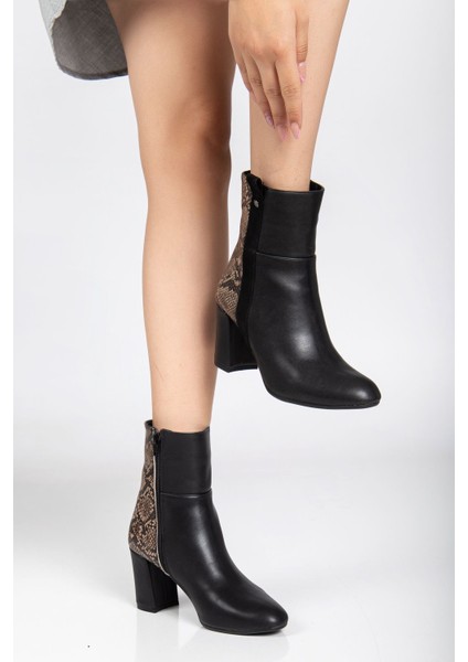 292 Siyah Leopar Desen Detaylı Fermuarlı Yüksek Topuklu Günlük Kadın Bot fiyatları