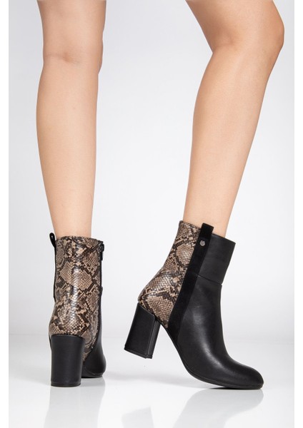 292 Siyah Leopar Desen Detaylı Fermuarlı Yüksek Topuklu Günlük Kadın Bot modelleri